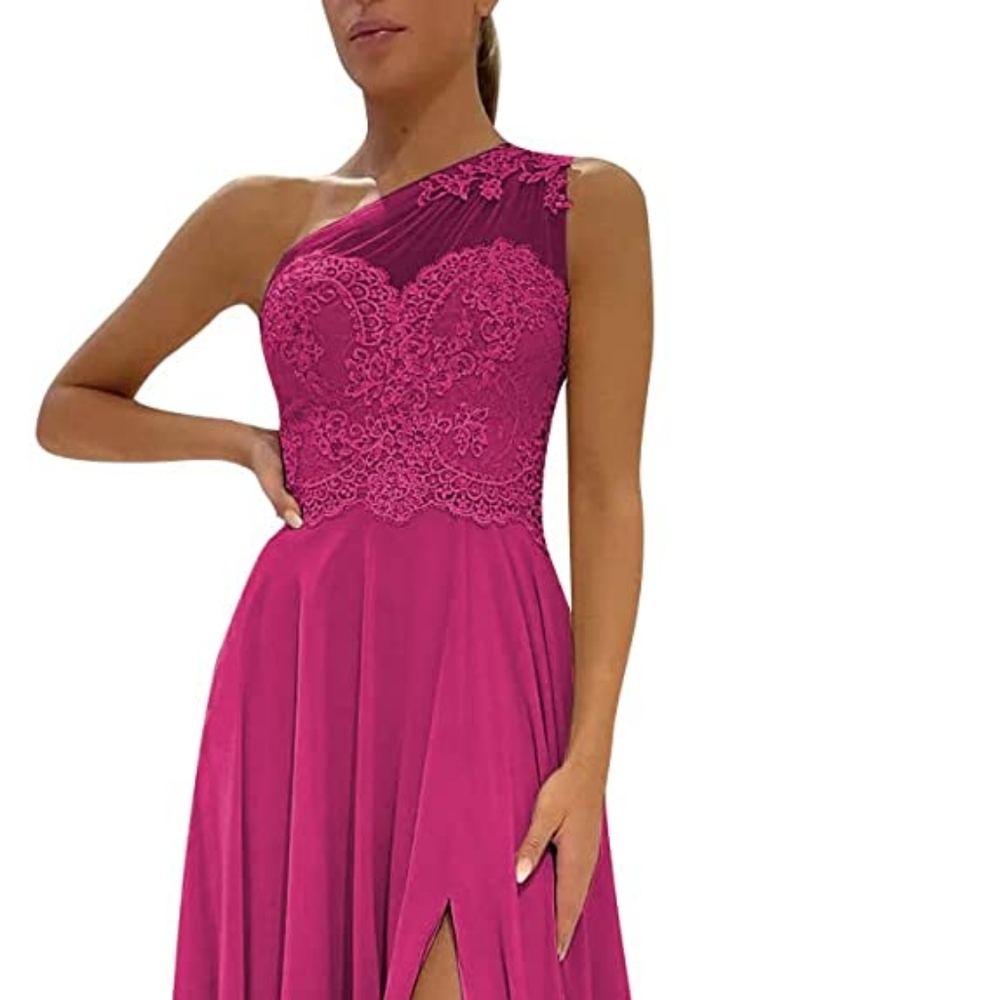 One shoulder Lace Aline slit formal evening gown